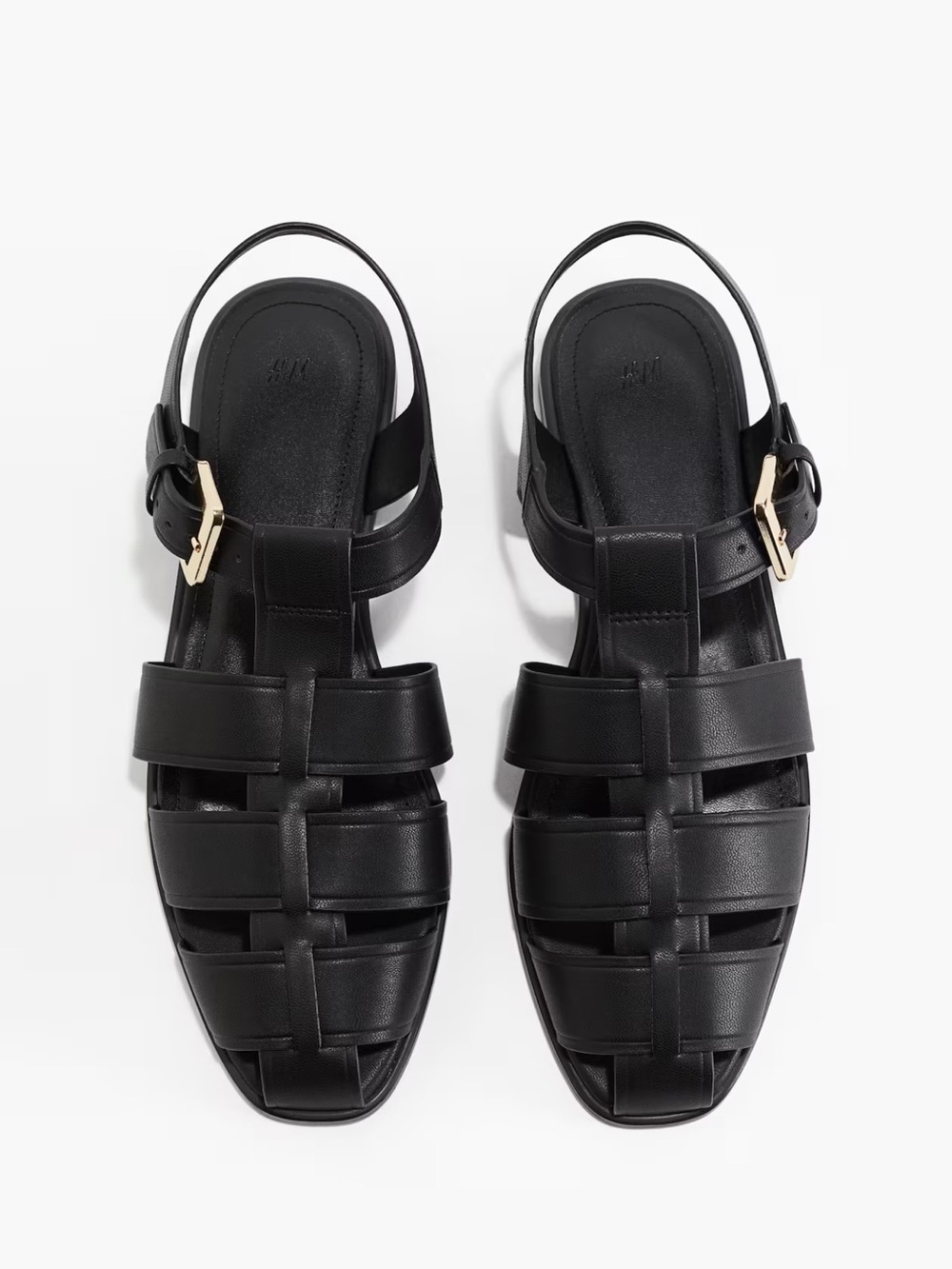 H&M Black Leather Woven Slingback Sandals with Gold Buckle